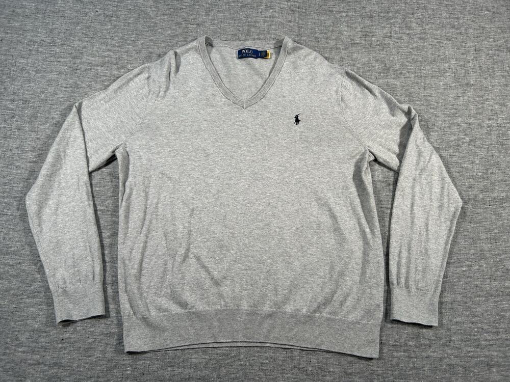 Polo Ralph Lauren Sweater Mens Large Grey Long Sleeve V-Neck Cotton Pullover